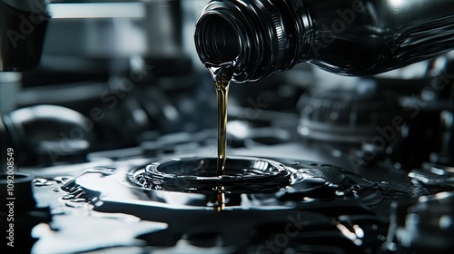 Obraz na płótnie Close-Up of Engine Oil Being Poured from a Bottle into an Engine Component, Highlighting Precision and Fluidity in Automotive Maintenance and Repair Processes w salonie