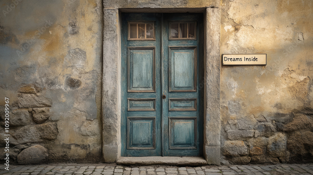 Fototapeta premium Old wooden door with stone wall and 
