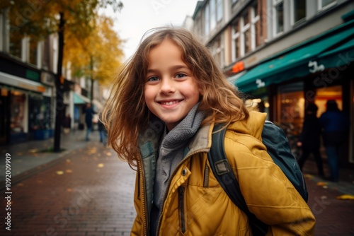 Portrait of a cute little girl on the street in autumn.