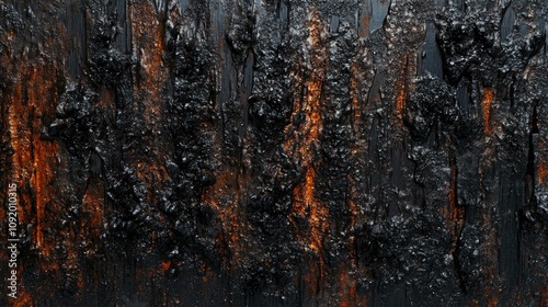 Abstract texture featuring dark orange and black patterns resembling weathered metal or charred surfaces, perfect for backgrounds or artistic projects in various applications.
