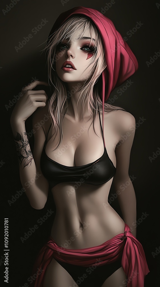 A confident woman draped in a towel, standing with one hand on her hip, her gaze bold A confident woman draped in a towel, standing with one hand on her hip, her gaze bold