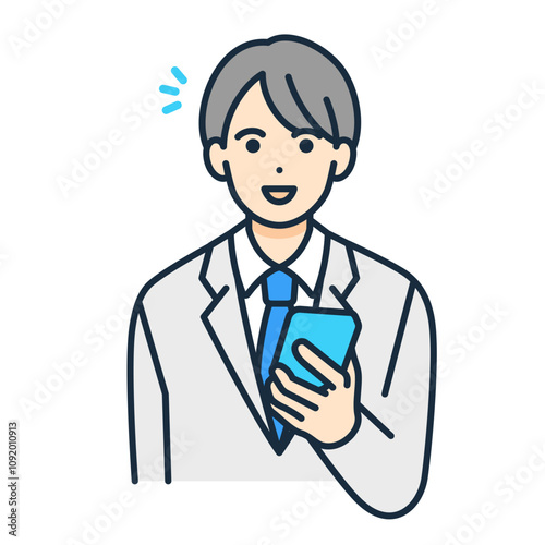 嬉しいお知らせに喜ぶ男性。学生服姿の男の子がスマホを手に持つベクターイラスト素材。