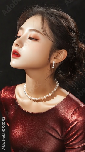 A delicate Asian girl wearing a pearl necklace, her pose demure, set against a black backdrop photo