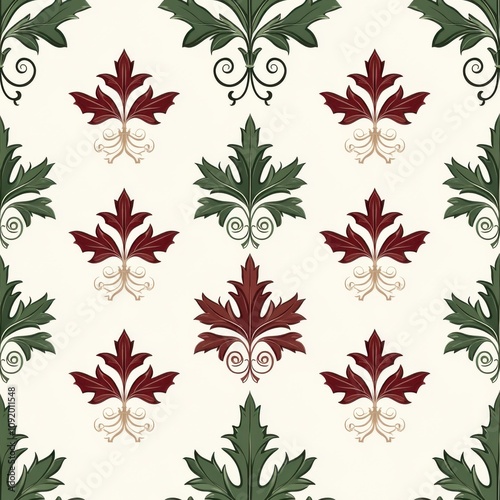 Elegant Red and Green Ornamental Leaf Pattern on Cream Background, Seamless Classic Design for Wallpaper, Fabric, or Digital Art, Baroque and Nature Motifs