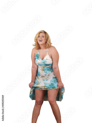 Plump Caucasian Blond Woman Holding Up Hem Of Dress