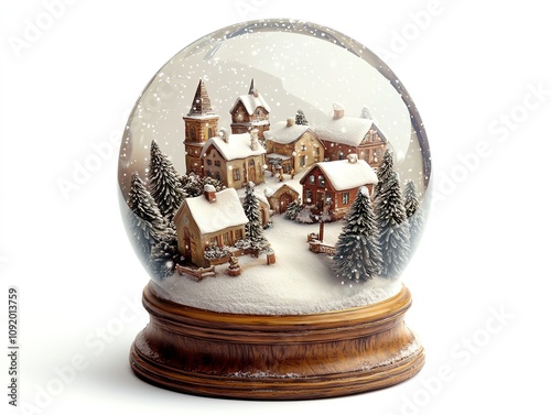 A snow globe with a tiny village inside, detailed on a plain white background photo