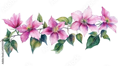 Vibrant pink and purple clematis vine flowing horizontally perfect for gardening and floral arrangement and white backgrounds photo