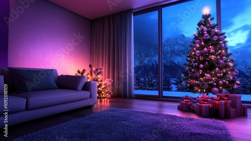 Cozy christmas living room with tree scenic mountain view evening ambiance modern design warm decor