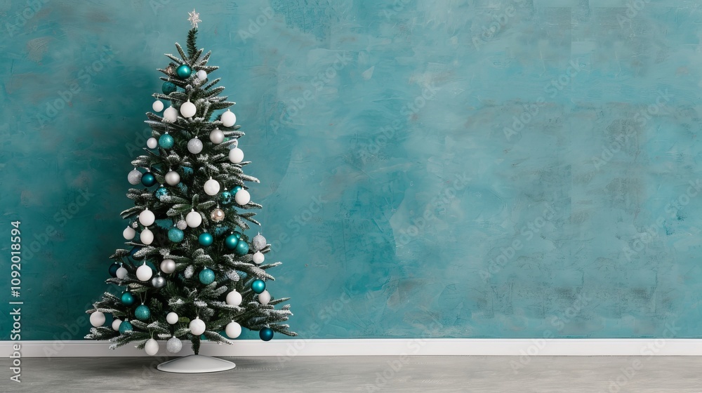 A decorated Christmas tree against a teal wall.