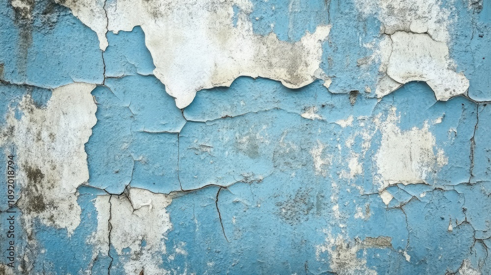 Fototapeta premium Cracked and Peeling Blue Wall Texture with Weathered Surface in a Rustic Aesthetic Showing Signs of Age and Wear, Perfect for Background Use