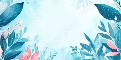 Beautiful Abstract Background with Light Blue Colors and Delicate Leaves and Floral Elements, Perfect for Nature-Themed Designs and Fresh Aesthetic Projects