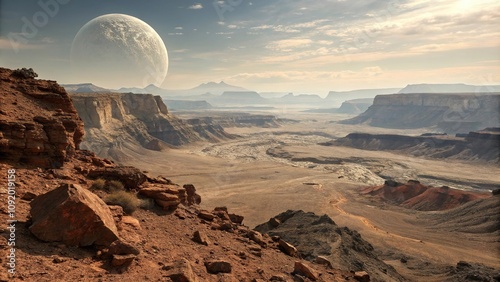 An otherworldly landscape of craters and canyons on a distant planet's surface with a rocky terrain in the foreground, extraterrestrial terrain, sci-fi world photo