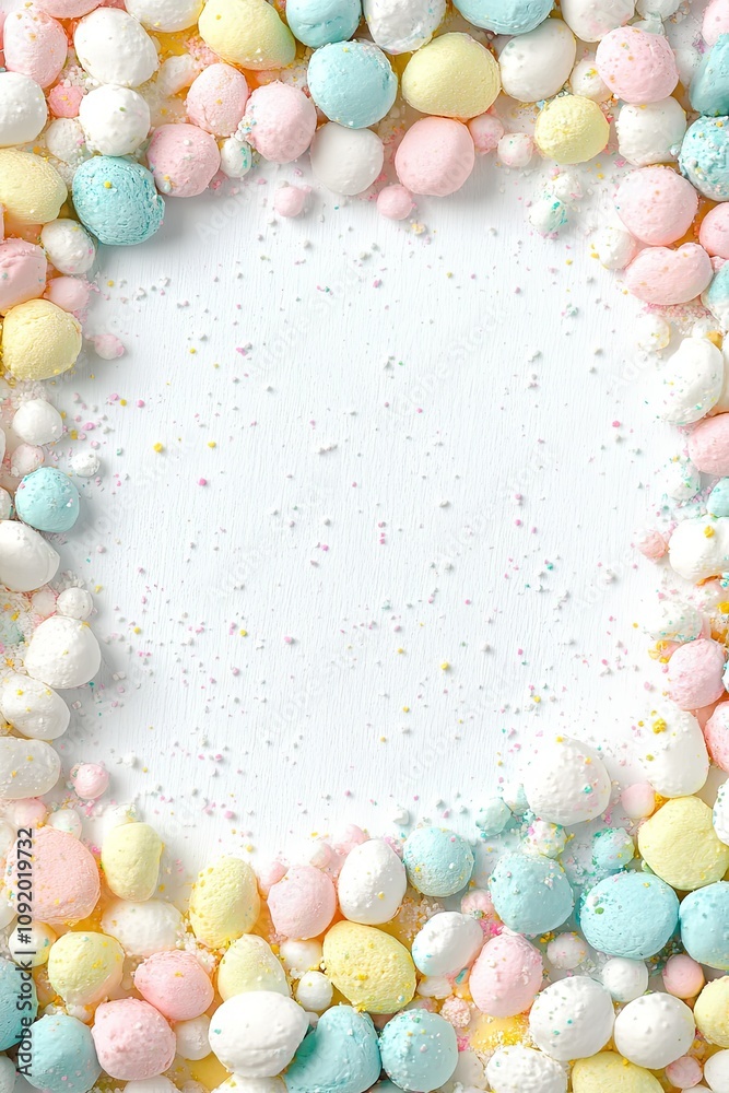 Pastel candy frame with sprinkles on white background. Blank space for text or design. Pastel candy frame with sprinkles on white background. Blank space for text or design.