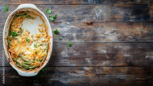 Partially eaten green bean casserole with cheese in white baking dish on rustic wooden table