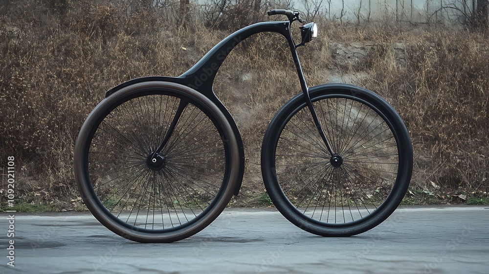 Fototapeta premium Sleek Black Bicycle With Large Front Wheel Design