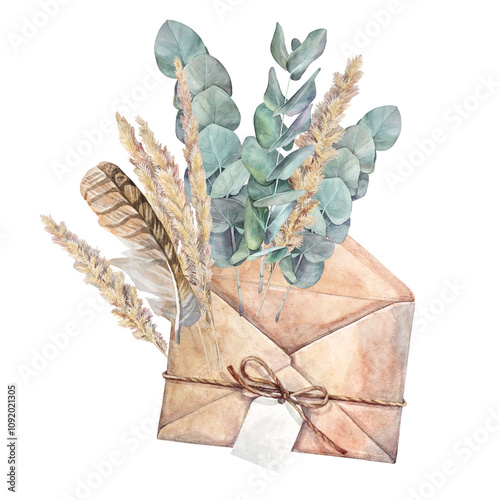 Watercolor envelope and bouquet with branch eucalyptus and spikelet and feather isolated on white background. Boho decor with plants for card or wallpaper. Clipart for wedding celebration invite