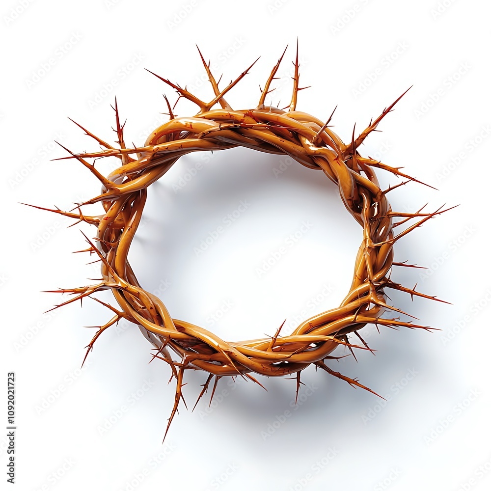 Fototapeta premium A detailed illustration of a twisted crown of thorns, symbolizing the suffering and sacrifice of Jesus Christ, depicted against a stark white background.