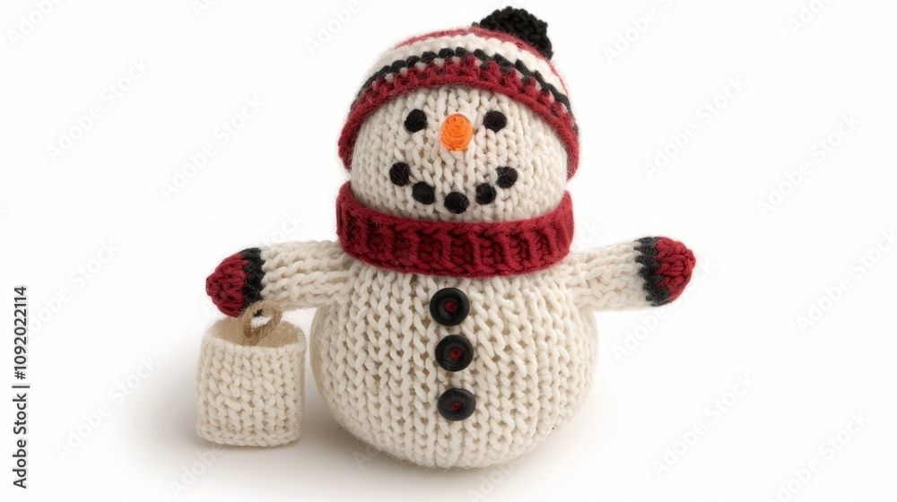 Fototapeta premium Adorable knitted snowman with a scarf and bucket.