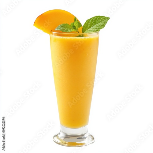 A fruity mango lassi with a mango slice and a sprig of mint in a tall glass, isolated white background, realism art style