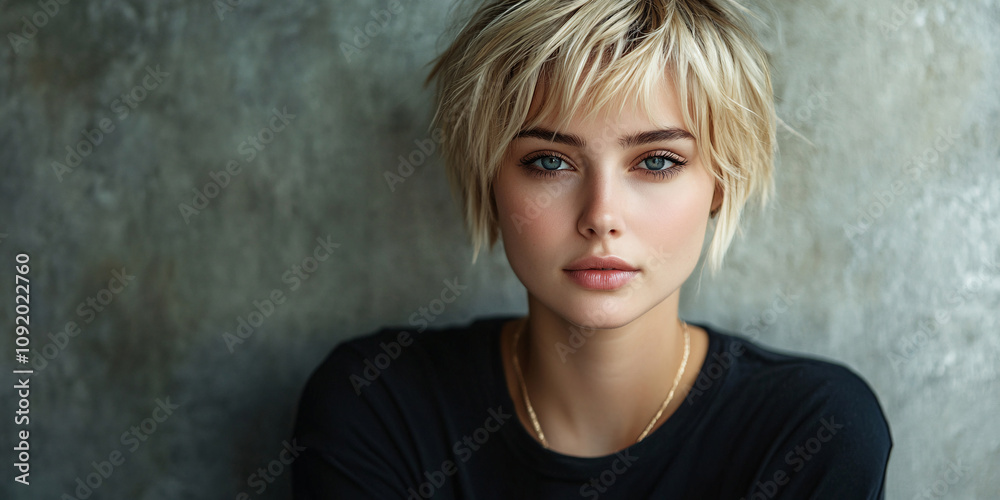Fototapeta premium woman short hair blonde. Close-up portrait of a young blonde woman with a short