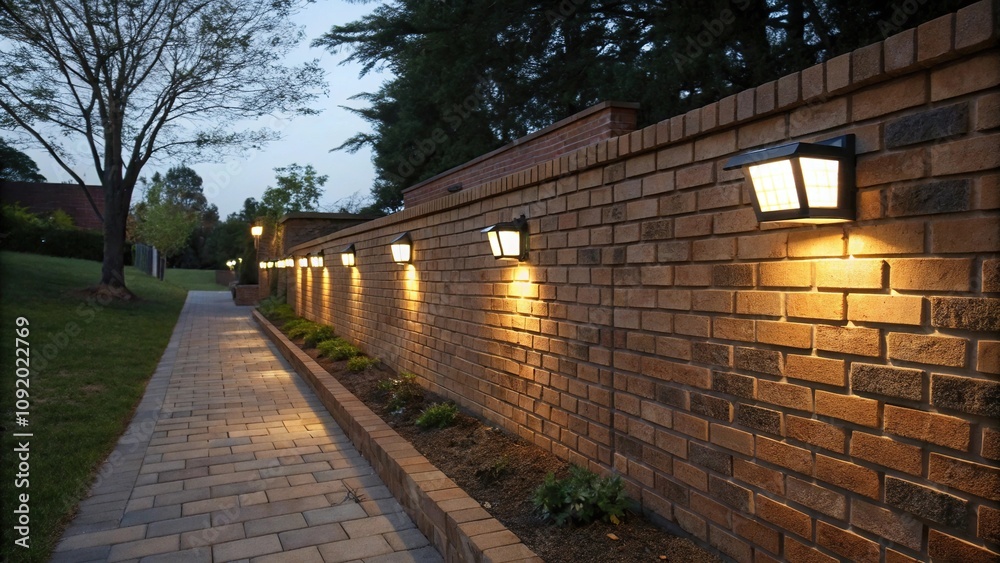 Obraz premium Brick wall adorned with solar-powered lights, lights, solar panels