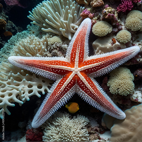 Close-up view of White and Red Starfish with intricate patterns and texture wrapped over coral reef