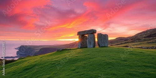 Carreg Ifan stone monument at sunset with a rugged coastline in the background, ocean, cliffs, ancient monument photo