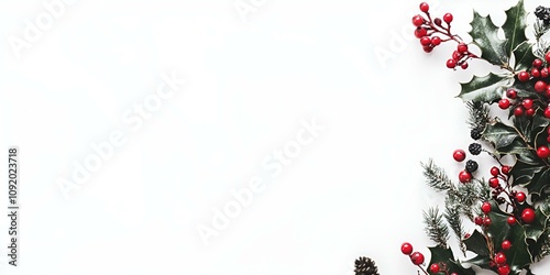 A festive holiday wreath positioned on the right side against a panoramic white background with ample copy space.