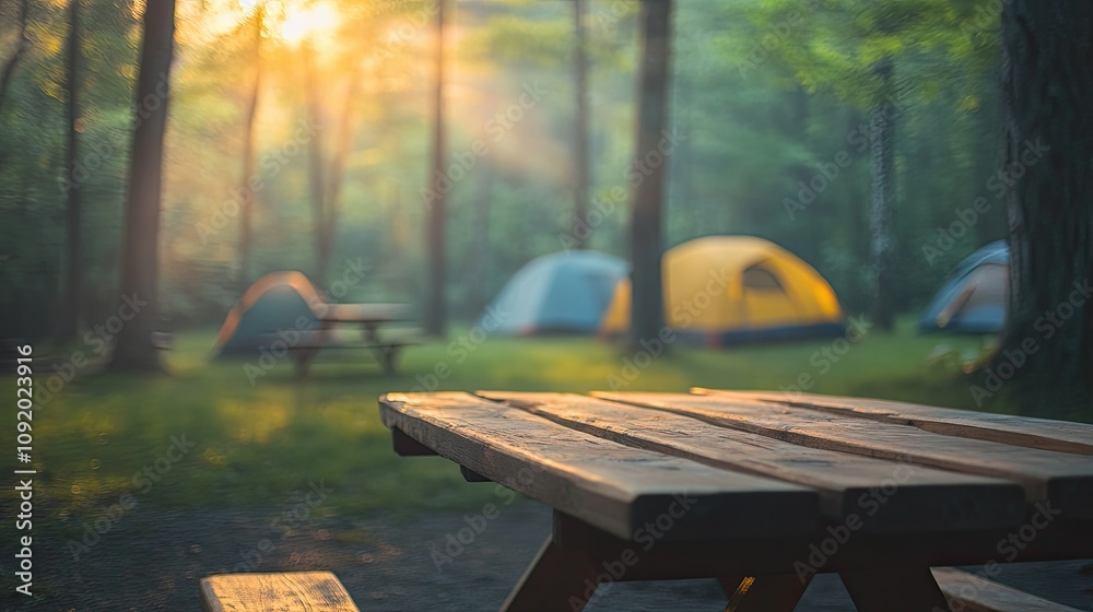 Wooden picnic table and blurry tents in a serene forest campsite with morning light