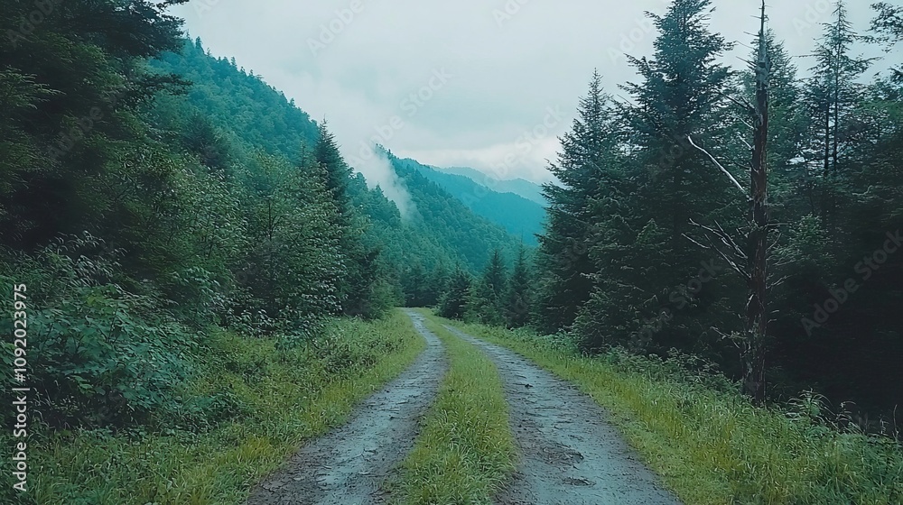 Obraz premium A serene dirt path winding through a lush forested landscape.