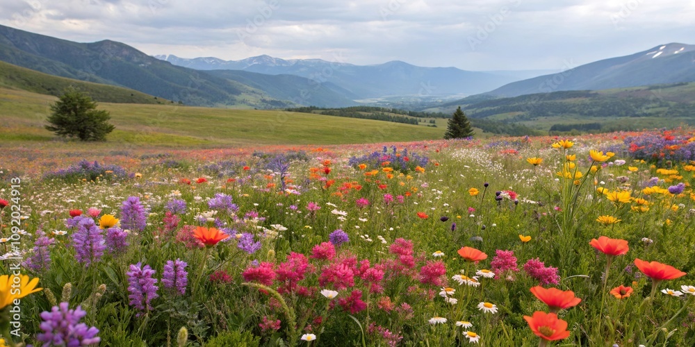 Fototapeta premium Colorful mixture of wildflowers on the ground, plant, garden, botanical
