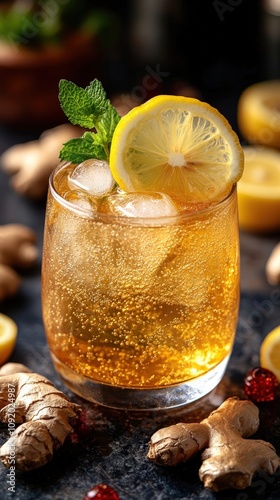 Refreshing Ginger Ale Spritzer with Lemon and Mint - Ice Cold Fizzy Drink Surrounded by Fresh Ginger Rhizomes, Perfect for Summer or Holiday Gatherings