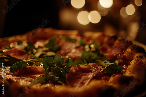 atmospheric close-up of prosciutto and arugula pizza under soft bokeh lights for a cozy dinner