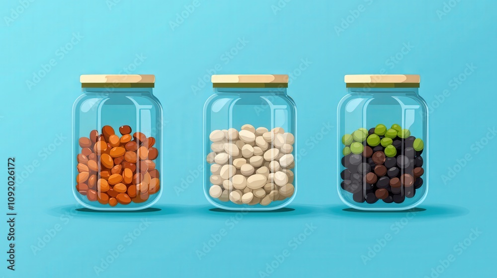 Close-up of pulses and legumes in glass jars for sustainable storage Close-up of pulses and legumes in glass jars for sustainable storage