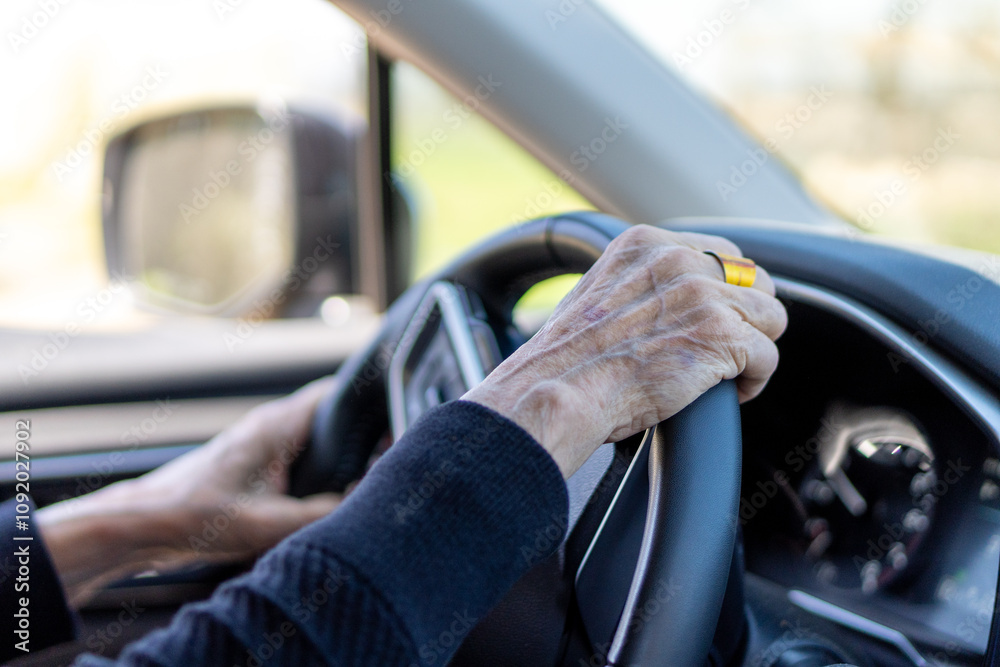 Senior Woman's Hands Driving a Car