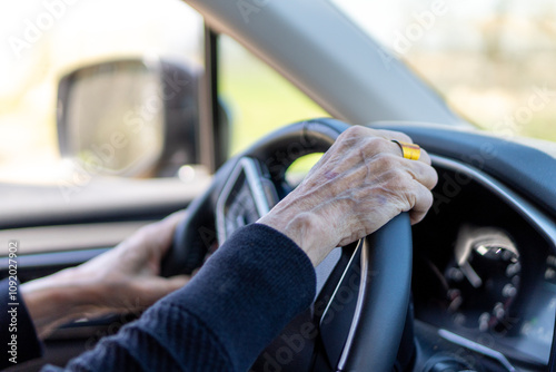 Obraz na płótnie Senior Woman's Hands Driving a Car w salonie