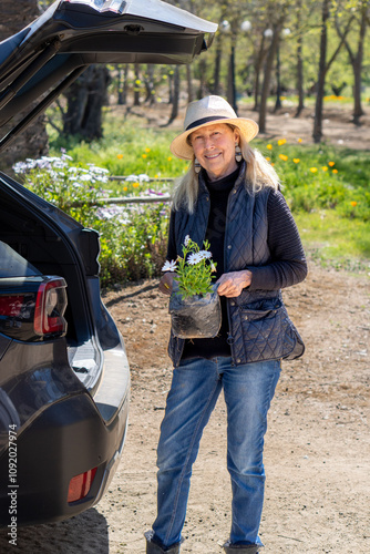 Obraz na płótnie A woman unloading vibrant flowers from her car, freshly bought for planting. w salonie