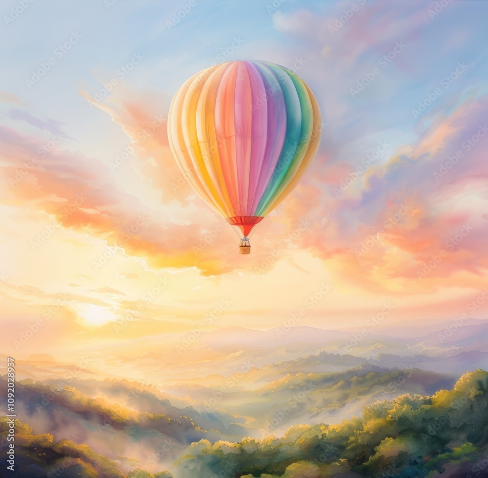 Obraz premium A vibrant hot air balloon floats above a serene landscape, illuminated by a stunning sunset, blending colors and nature beautifully.