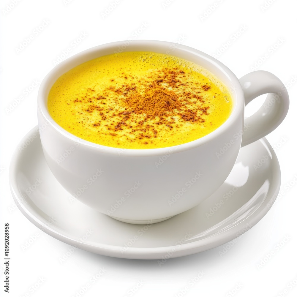 A luxurious golden milk turmeric latte with a sprinkle of cinnamon and turmeric powder on top, isolated white background, realism art style A luxurious golden milk turmeric latte with a sprinkle of cinnamon and turmeric powder on top, isolated white background, realism art style