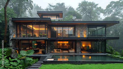 A luxurious modern house with expansive windows illuminated by warm lights, accompanied by a large swimming pool, exemplifying elegance and comfort.
