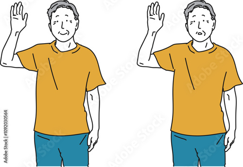 手を挙げるシニア男性のシンプルイラスト