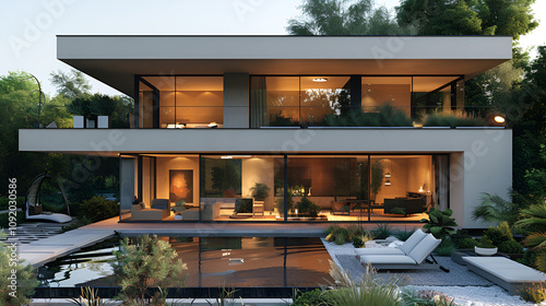 A luxurious modern house with expansive windows illuminated by warm lights, accompanied by a large swimming pool, exemplifying elegance and comfort.
