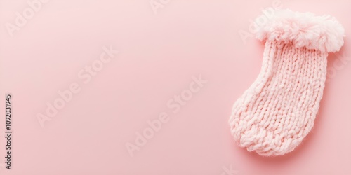 A fluffy sock, knitted with care, placed to the right against a panoramic pink background with room for additional text.