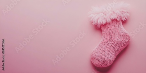 A soft knitted sock, situated on the right side, separated by a panoramic pink background perfect for text placement.