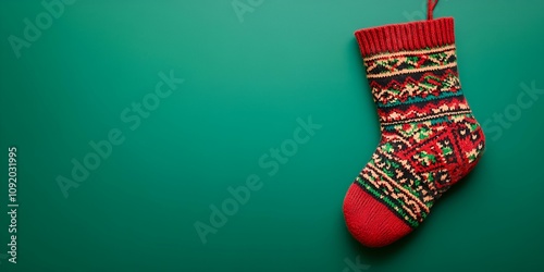 An attractive patterned woolen stocking placed on the right side, isolated on a panoramic green background with plenty of room for additional text --ar 2:1 --s 50