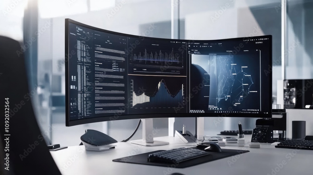 Fototapeta premium Modern Workspace with Curved Computer Monitors Displaying Data Analytics and Graphs in a Bright Office Environment