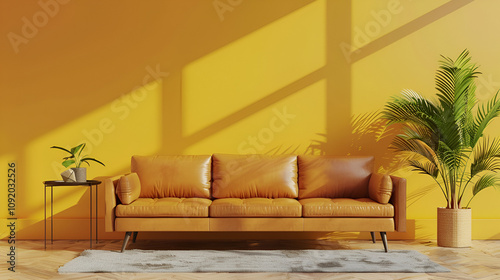 A vibrant yellow sofa anchors a minimalist living space, accented by lush greenery and modern decor.
