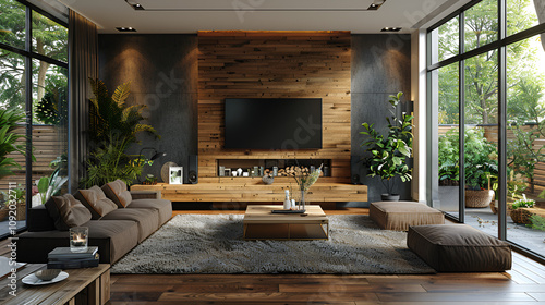 Cozy Living Room Interior with Brown Leather Sofa and TV.
