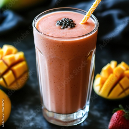 Refreshing Mango Strawberry Smoothie with Tapioca Pearls in Tall Glass - Perfect Tropical Fruity Beverage Blend for Summer with Fresh Fruit and Healthy Ingredients