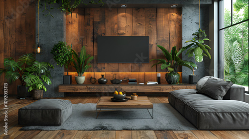 Cozy Living Room Interior with Brown Leather Sofa and TV.
